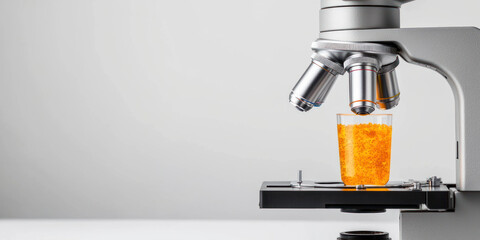 Risk Control of Bacteria concept. microscope examining sample in orange liquid, showcasing scientific exploration and discovery