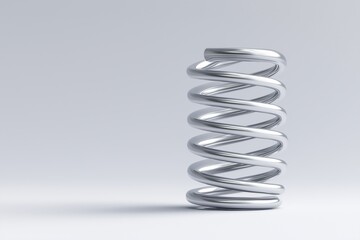 Metallic coil spring placed upright on a minimal gray background. Industrial engineering and mechanical support concept.