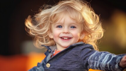 Young blonde child with blue eyes is smiling and has his arms outstretched