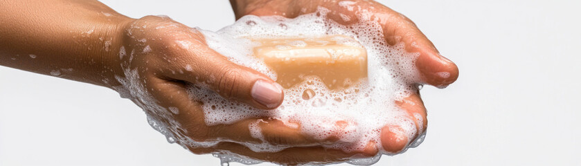 Fototapeta premium Risk Control of Bacteria concept. Washing hands with soap and foam, promoting hygiene and cleanliness