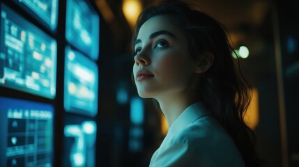 Futuristic female engineer analyzing data on high-tech digital screens