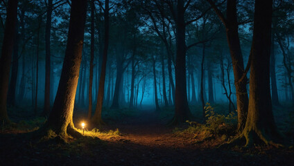 Fototapeta premium A captivating and otherworldly image of a glowing scene in nighttime woods, representing an enchanting fairy tale idea.