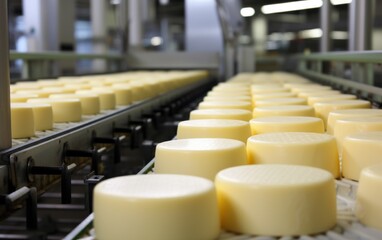 Obraz premium Cheese production process factory industrial photography manufacturing environment close-up view dairy concept