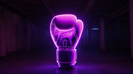 A glowing neon purple boxing glove stands out in a dark, industrial space with vibrant neon lights, symbolizing strength, energy, and modern sports aesthetics.