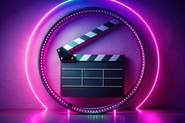 Film Strip, Clapperboard & Neon Banner: Abstract Purple Background Stock Photo