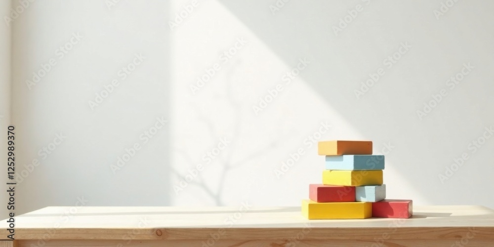 Aufkleber a stack of colorful blocks rests on a light wooden table against a bright white wall, bathed in sunl