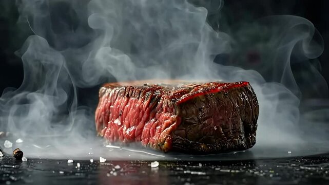 Hot Steamed Steak on a Black Plate on a Dark Background. Grilled Slice of Medium Rare Beef Steak with Smoke. Cooked Juicy Meat Fillet with Pepper and Rosemary. Close-Up, Front View. Menu, Recipe. Meal