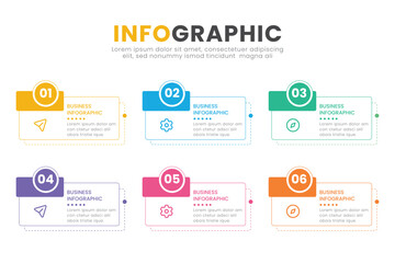 Business infographic design template with icons and 6 options. Can be used for process diagram, presentations, workflow layout, banner, flow chart.