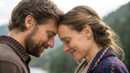 Sweet couple moment with foreheads touching outdoors, Valentine’s Day