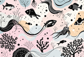 A variety of fish and marine life, including a large fish with a long tail, smaller fish, and a squid, all set against a background of pink, blue, and orange hues. Vector patterns, random pattern