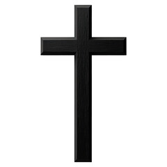 A black wooden cross is shown on a white background