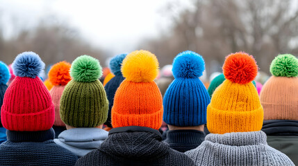 Colorful pom-pom hats, winter protest, city background