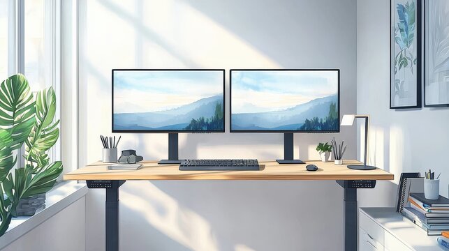 A modern workspace featuring dual monitors on a wooden desk, surrounded by greenery and natural light from large windows.