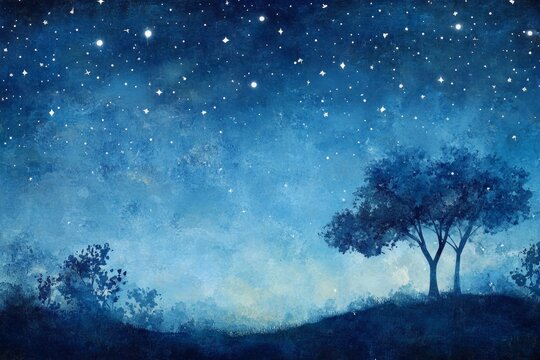 Starry night landscape painting, tranquil trees, misty horizon
