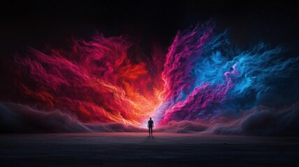 Silhouette Figure Amidst Cosmic Colorful Fire Clouds at Night