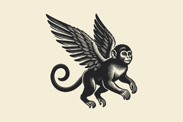 Flying monkey with wings in vintage surreal vector engraving style © Victoria