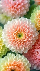 Close - up of delicate, pastel - hued dahlia flowers, radiating natural beauty. Perfect for botanical prints, floral stationery designs, and beauty product backdrops. 