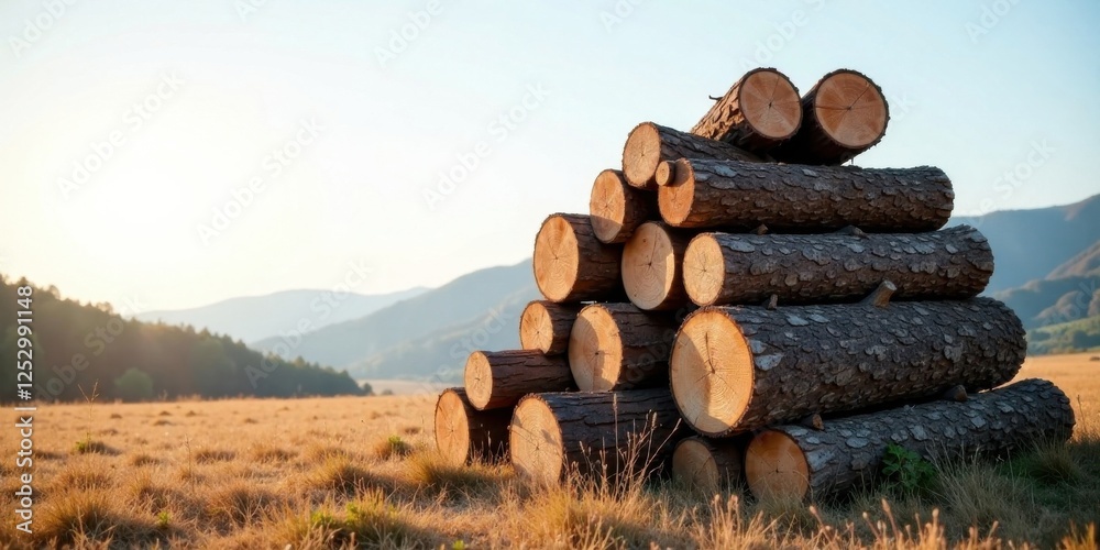 Aufkleber A stack of neatly arranged tree logs rests in a sunlit meadow against a backdrop of rolling hills