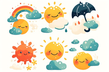 Whimsical weather icons with smiling sun, cheerful clouds, and a playful umbrella