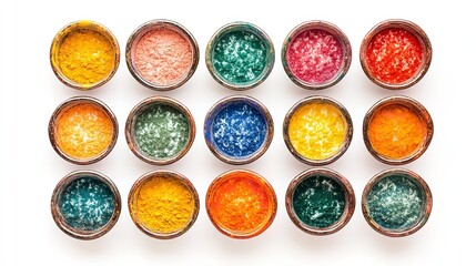 Vibrant indian holi festival color powders in four bowls on white background. Concept of colorful gulal, celebration, and cultural