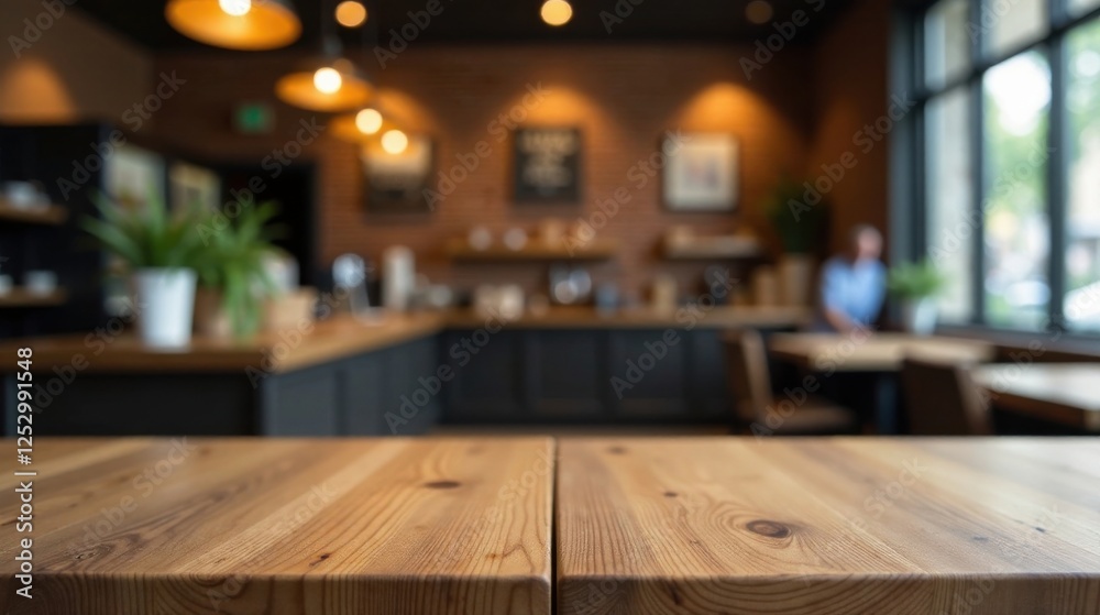Poster empty wooden table in a cozy cafe setting with a blurred background showing shelves, counter, and se