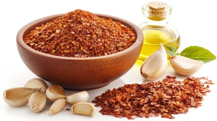 A bowl of red pepper flakes, garlic cloves, and a bottle of oil, ideal for cooking.