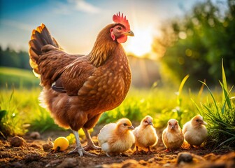 Fototapeta premium Free Range Hen and Chicks Grazing in Summer Sun on Organic Farm