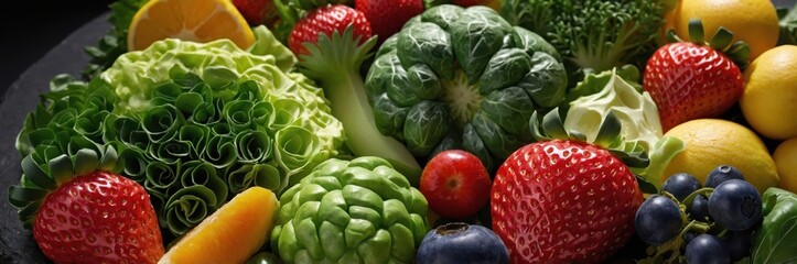 Fototapeta premium Fresh assortment of vegetables and berries in vibrant display