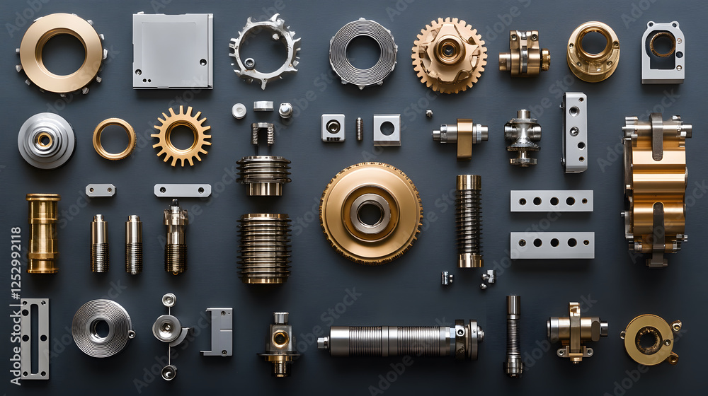 Poster a collection of mechanical components and gears arranged aesthetically on a dark surface, showcasing
