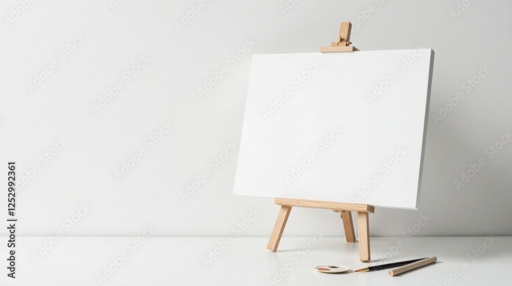 Poster blank canvas on wooden easel ready for artistic expression with paintbrush and palette