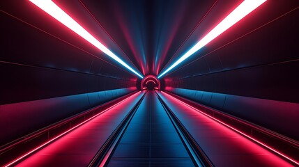 Glowing neon tunnel perspective, long hallway, red and blue lights, futuristic use.