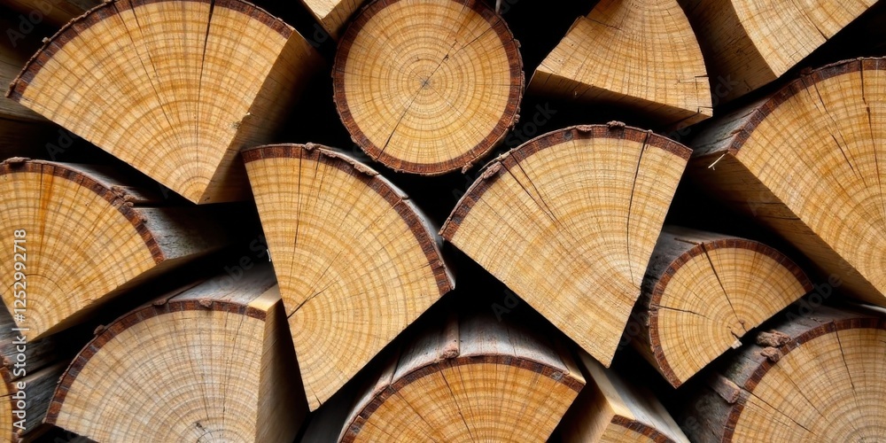 Poster a stack of sawn logs showing detailed wood grain patterns and annual rings, a textured background of