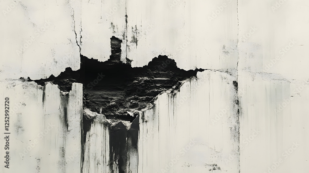 Poster Abstract black and white artwork displaying a textured surface with cracks and dark patches, creating a striking contrast