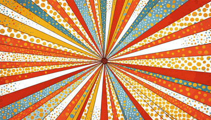 Radiating from the center, a vibrant array of stripes in red, orange, yellow, and white, with scattered polka dots and dots throughout. Vector patterns, random pattern