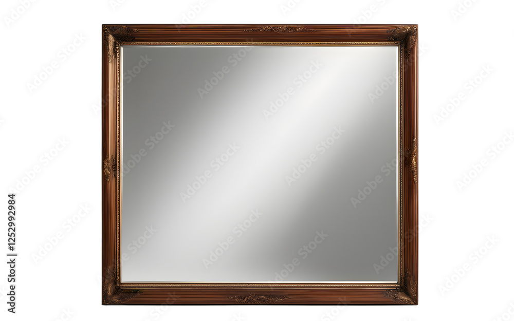 Poster A large rectangular mirror with a wooden frame and beveled edges on a empty plain background