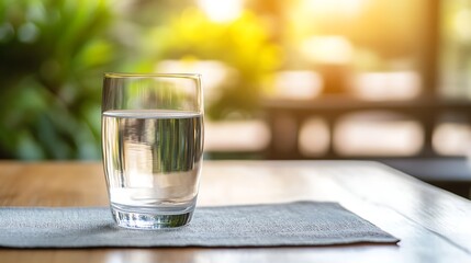 Obraz premium A glass of fresh water on a placemat, outdoors on a sunny day.
