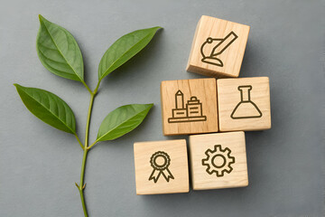 Sustainable Development Concept With Wooden Blocks And Green Leaves