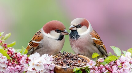 Obraz premium Eurasian Sparrows Feeding on Blossoms