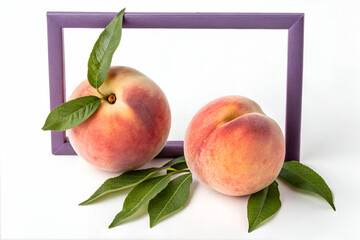 Two Peaches With Green Leaves In Purple Frame On White Background