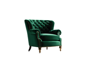A luxurious velvet armchair in a rich emerald green color on a empty plain background