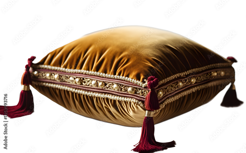 Poster a luxurious velvet cushion with a tassel on each corner on a empty plain background