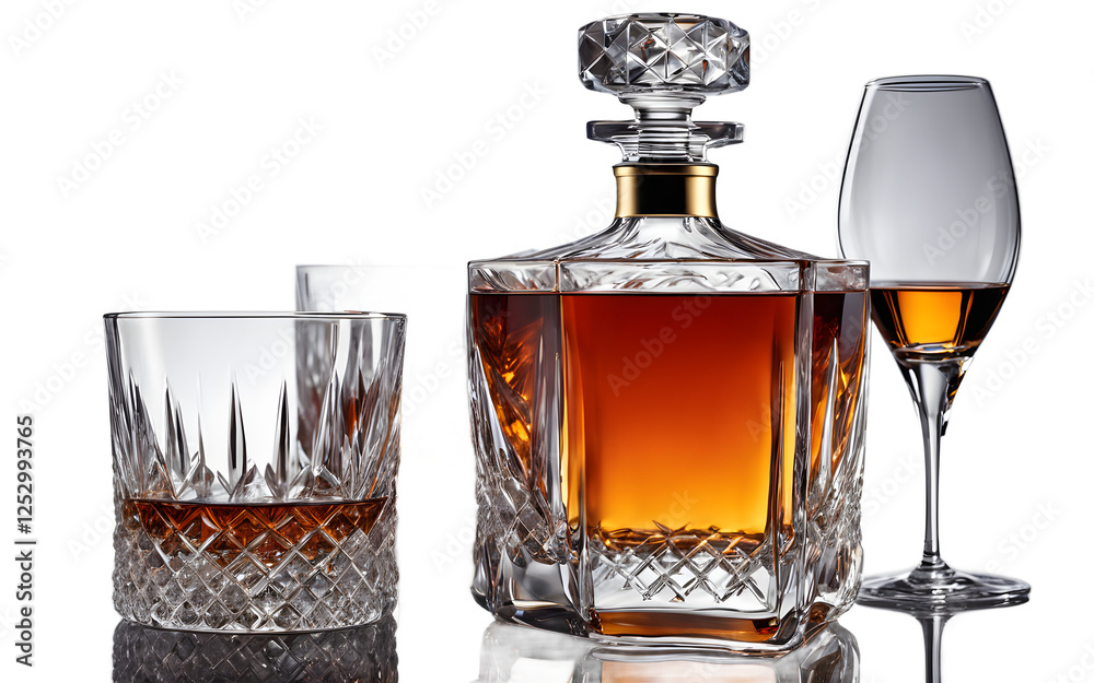 Poster A luxury crystal decanter with two matching glasses on a empty plain background