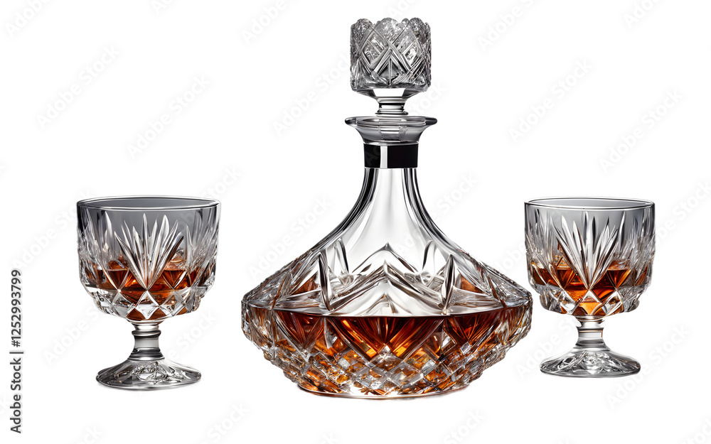Poster a luxury crystal decanter with two matching glasses on a empty plain background