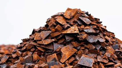Pile of crushed brown and black metal scrap from demolition and recovery process in industrial setting