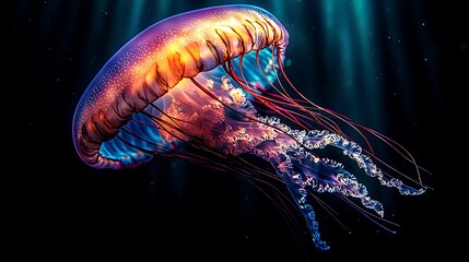 Jellyfish floats in the dark ocean under rays of light. Use nature illustration.