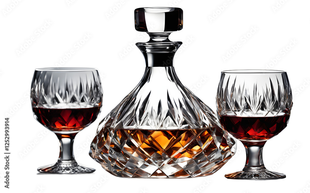 Poster a luxury crystal decanter with two matching glasses on a empty plain background