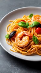 Plate of seafood pasta with shrimp and tomatoes on wooden table realistic photography with copy space