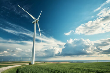 Obraz premium Wind Turbine In A Green Field Under A Cloudy Blue Sky
