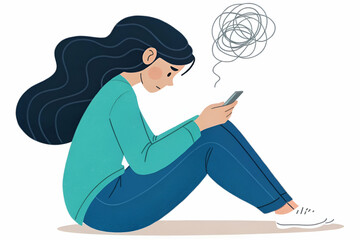 Woman Sitting Looking At Mobile Device With Worried Expression