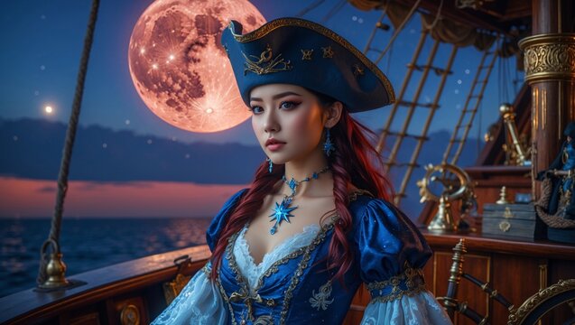 Enigmatic beauty in a super realistic pirate hat under a radiant moonlit sky on a grand ship sailing the open sea, capturing the spirit of adventure and mystery